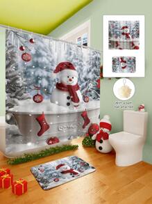 Conjunto de cortina de chuveiro com boneco de neve vermelho de Natal, 1/2/3/4 peças, com 12 ganchos e uma bola de chuveiro, cortina de chuveiro de poliéster impermeável e resistente a mofo, tapete antiderrapante para banheiro, tapete em U para vaso sanitário, capa protetora para vaso sanitário, conjunto decorativo para banheiro, sem necessidade de furadeira, vários tamanhos disponíveis, acessórios de decoração de outono para banheiro, volta às aulas