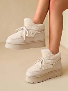 Sepatu Bot Salju Wanita Ukuran Besar, Hangat, Bertali, Berbahan Fleece, Sol Tebal, Nyaman untuk Aktivitas Luar Ruangan, Warna Polos yang Modis, Musim Gugur/Musim Dingin - Krem - View 4