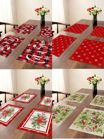 4 件水彩冬青圣诞餐垫季节性一品红水牛格子冬季圣诞节节日桌垫适用于派对厨房餐厅装饰