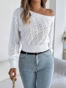 Áo len dài tay khoét vai bất đối xứng gợi cảm phong cách Thu/Đông, Áo dài tay màu trắng thường ngày - trắng - Xem 5