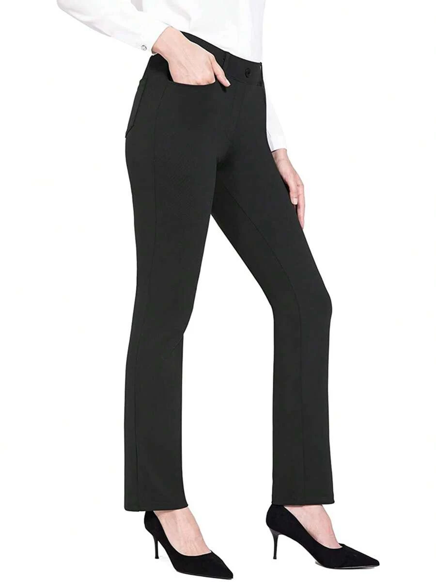 Women's Pants, Solid Color High Waist Elastic Flared Trousers With Pockets For Party Dating - Black - View 1