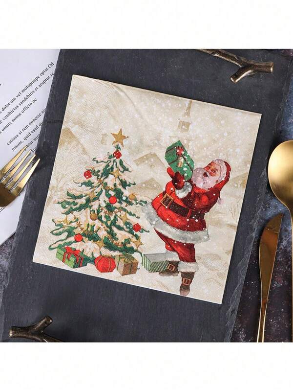 TYFYO 20 Peças Guardanapos Impressos com Papai Noel e Árvore de Natal de 33cm, Guardanapos de Papel para Decoração de Natal, Guardanapos de Boca, Pano, Copo, Papel para Colocar Flores, Natal
