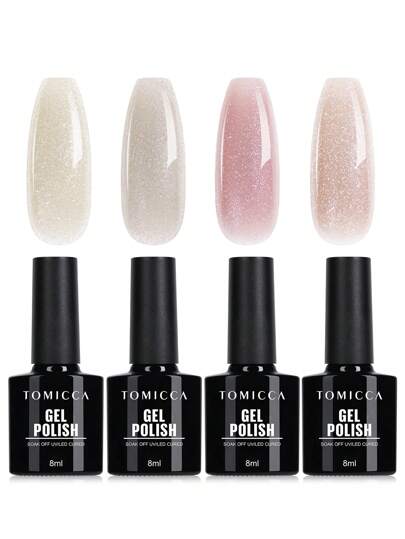TOMICCA 4 pièces Vernis à ongles gel rose/beige/nude de 8 ml avec effet scintillant, vernis à ongles gel UV/LED à effet longue durée, convient aux débutants pour une utilisation à domicile, aux salons de manucure professionnels ou en cadeau