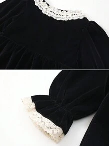 1 pièce Robe en velours pour filles avec col à bordure en dentelle, doublure chaude, convient pour l'automne/l'hiver