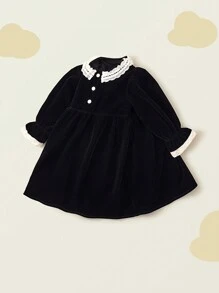 1 pièce Robe en velours pour filles avec col à bordure en dentelle, doublure chaude, convient pour l'automne/l'hiver
