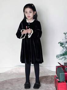 1 pièce Robe en velours pour filles avec col à bordure en dentelle, doublure chaude, convient pour l'automne/l'hiver
