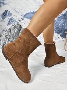 Women Flat Plush Ankle Boots, Camelhair Color, One-Push Knit Elastic Skinny Boots, New Flocking Short Velvet Casual Round Toe, Suitable For Winter