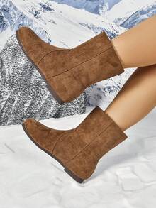 Women Flat Plush Ankle Boots, Camelhair Color, One-Push Knit Elastic Skinny Boots, New Flocking Short Velvet Casual Round Toe, Suitable For Winter