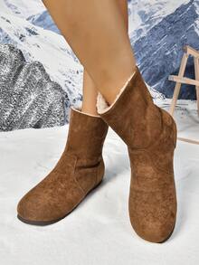 Women Flat Plush Ankle Boots, Camelhair Color, One-Push Knit Elastic Skinny Boots, New Flocking Short Velvet Casual Round Toe, Suitable For Winter