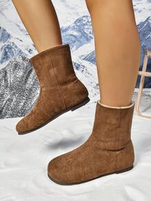Women Flat Plush Ankle Boots, Camelhair Color, One-Push Knit Elastic Skinny Boots, New Flocking Short Velvet Casual Round Toe, Suitable For Winter