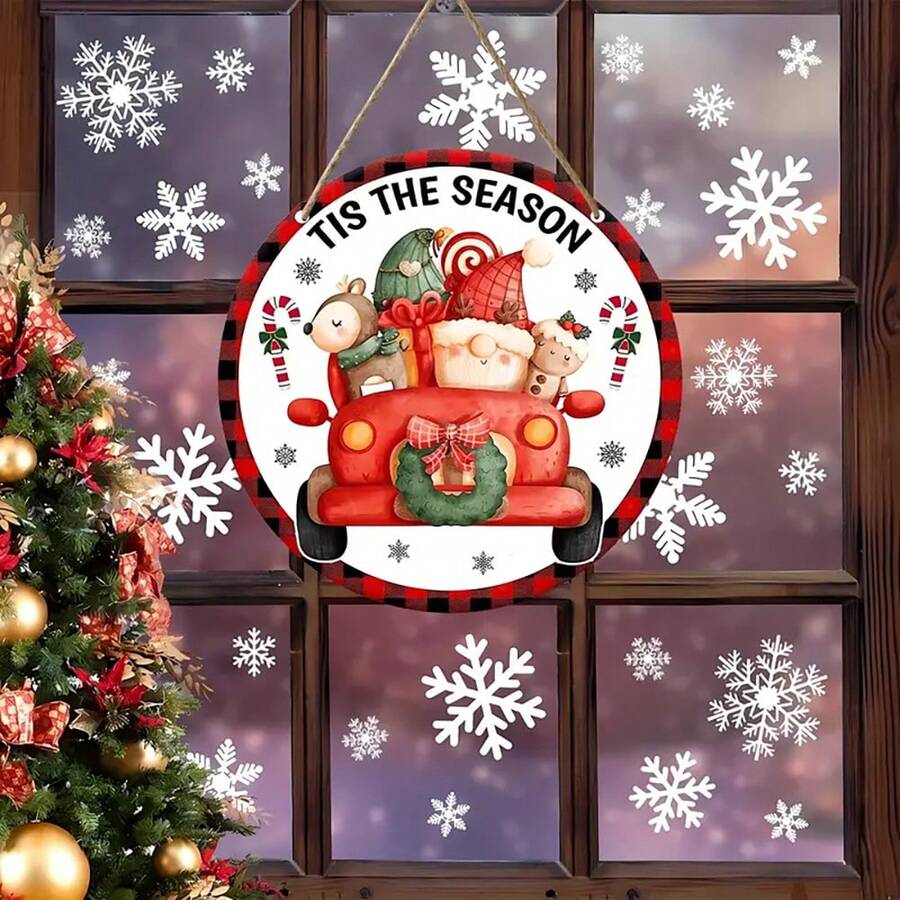 1 件木制圆形圣诞装饰标志，7.8 英寸圣诞老人和驯鹿图案木门/墙壁/家居/客厅装饰，非常适合节日家居和餐厅装饰 - 悬挂圣诞饰品 - 彩色 - 查看 1