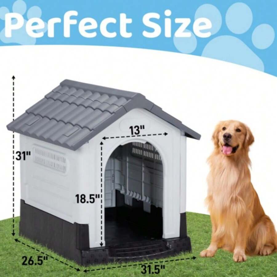 33 Inch Large Plastic Dog House, Indoor Outdoor Doghouse Pet House With