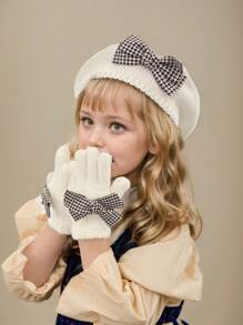 2 pièces / set : 2 pièces béret en tricot blanc pour enfants/tout-petits filles, béret d'artiste mignon, avec gants en acrylique tricoté, mode, élégant, populaire, pied-de-poule, décoration de nœud, , fin pour le début de l'hiver