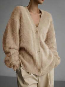 1 chiếc áo len cardigan dệt kim đơn hàng khuy đơn giản, vai trễ màu trơn cho nữ, áo len thu đông, áo nữ - Màu be - Xem 3