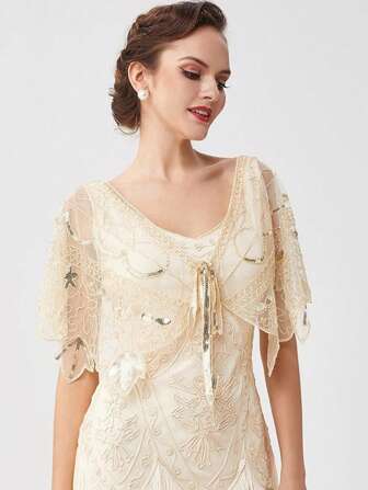 1920s Sheer Lace Flapper Shawl Elegant Vintage Sparkly Beaded Sequin Cape Boho Evening Women's Dress Outerwear Shawl