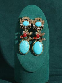 复古蓝色仿绿松石叶美人头硬币珍珠镶嵌水钻吊坠耳环，波西米亚风格珠宝 - 彩色 - 查看 8