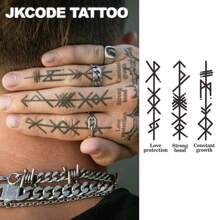 JKCODE TATTOO Ancient Viking And Peace Hieroglyphic Tattoos With "Love" And "Strong Bond" Meaning, Rockstar Finger/Hand/Neck Temporary Tattoos, Unisex, Long-Lasting Waterproof For 15 Days - Blue - View 3