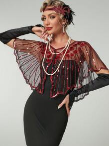 1920s Vintage Style Glitter Sequin Beaded Shawl, Suitable For Formal Parties, Weddings, Elegant Harlem Nights - Red - View 1