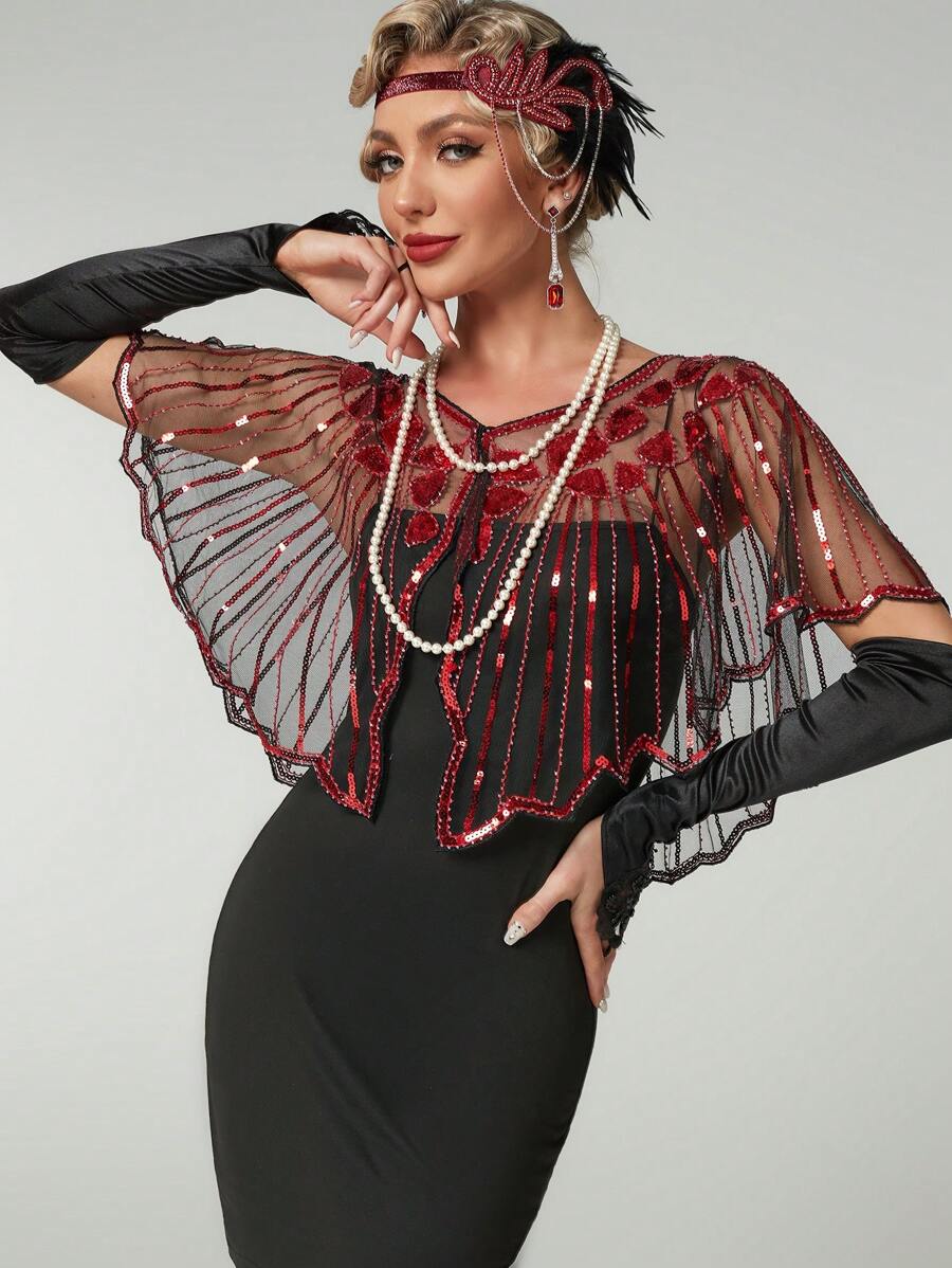 1920s Vintage Style Glitter Sequin Beaded Shawl, Suitable For Formal Parties, Weddings, Elegant Harlem Nights - Red - View 1