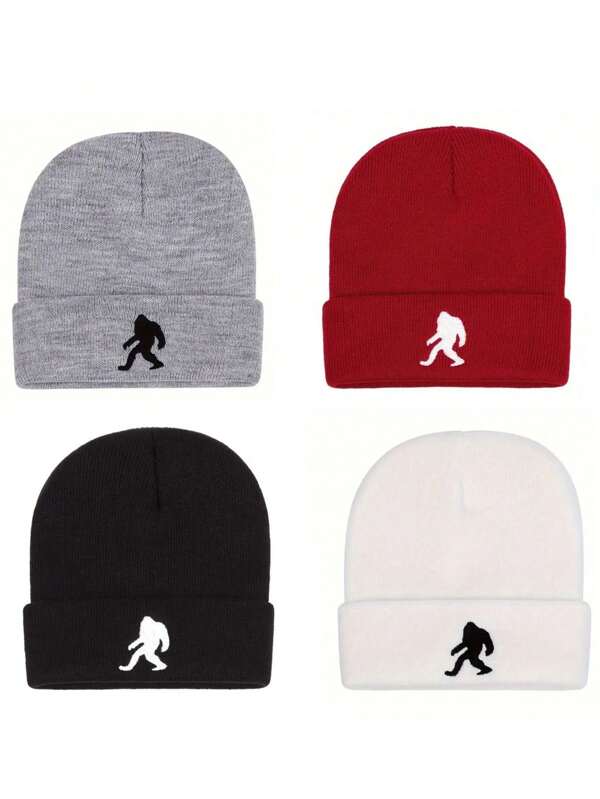1 Peça Gorro de Malha com Homem Macaco, Bordado de Orangotango, Cor Sólida, Gorro de Outono/Inverno, Casual Simples, Gorro de Malha Quente, À Prova de Vento e Quente