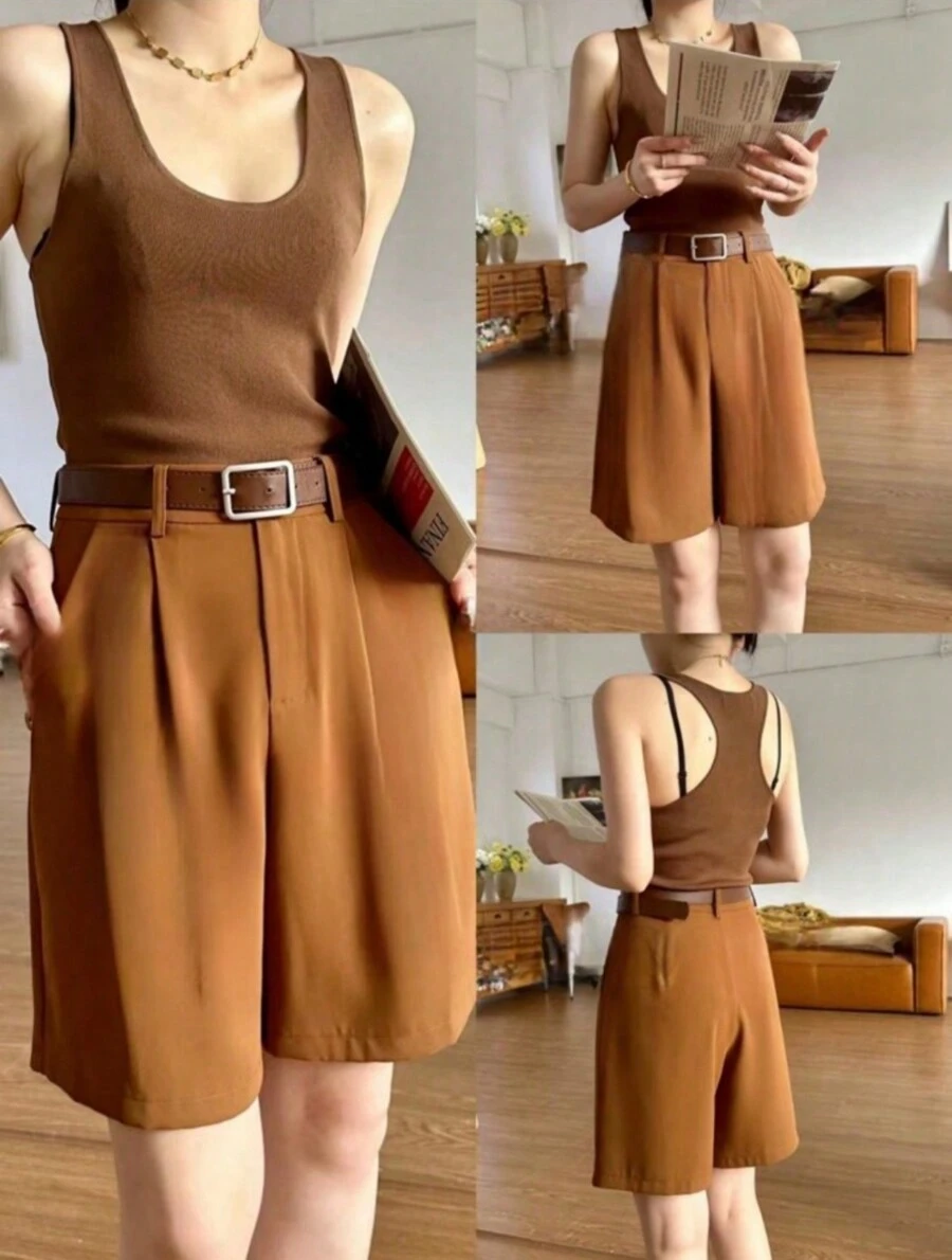 Tailored Bermuda Shorts Without Belt - Gringa Fashion - Brown - View 1