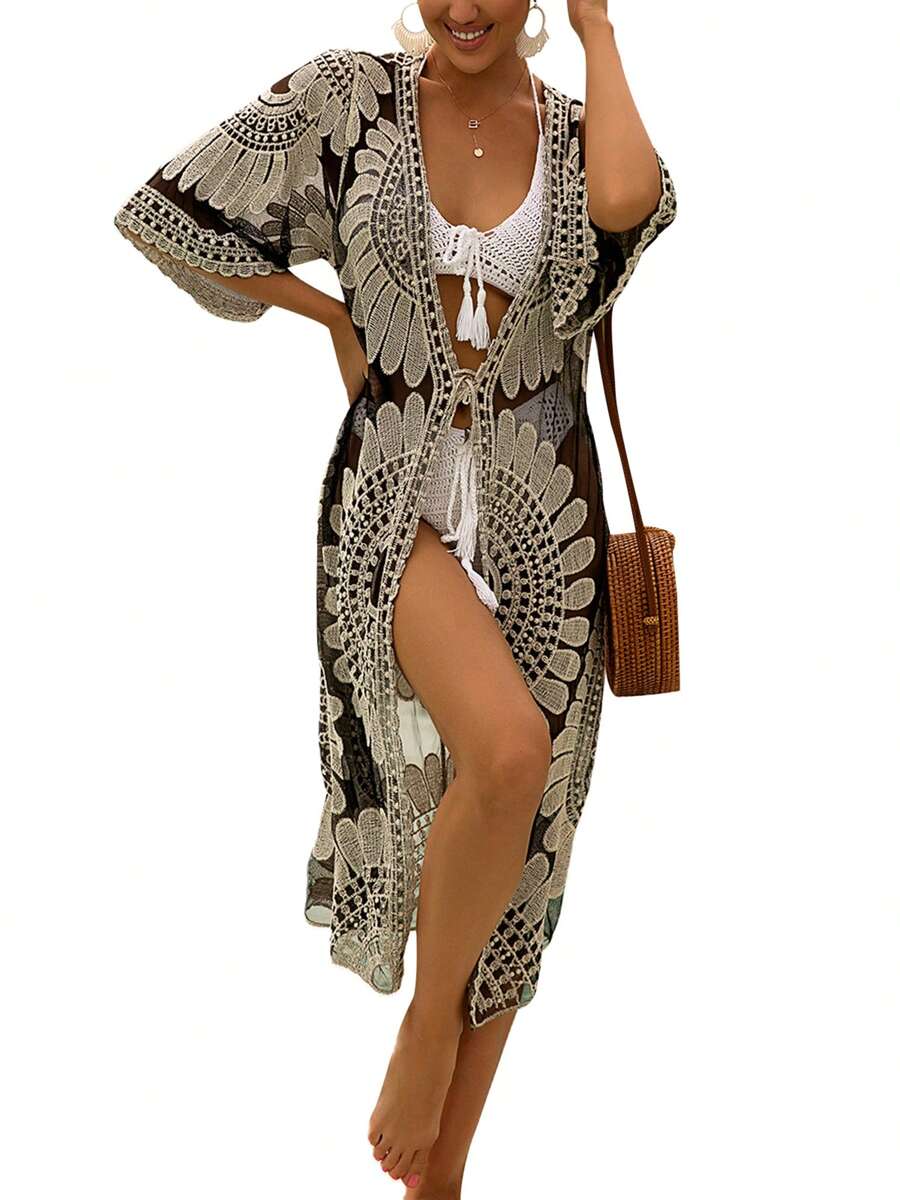 Bsubseach Women's Tie Dye Kimono Cardigan Loose Beach Cover Up Half Sleeve Swimwear Bikini Cover Up, Orange Flowers, One Size - View #8