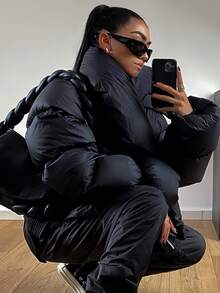 Women's Fashion Snap Button Thick Turtleneck Padded Coat, Warm Padded Coat - Black - View 2