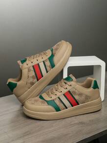 Men's Retro Fashion Random Print Color Block Striped Lace-Up Lightweight And Comfortable Flat Shoes, Suitable For Outdoor, Youngsters, Popular Style, Letter, Versatile, Couples, Sports