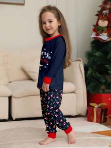 2pcs Christmas Pajama Set For Big Kids, Includes Santa Hat, Long Sleeve Round Neck Top And Floral Print Pants, Comfortable Fit For Autumn/Winter - Multicolor - View 5