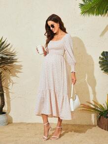 Vestido de maternidade de chiffon com estampa floral e cintura elástica e manga comprida