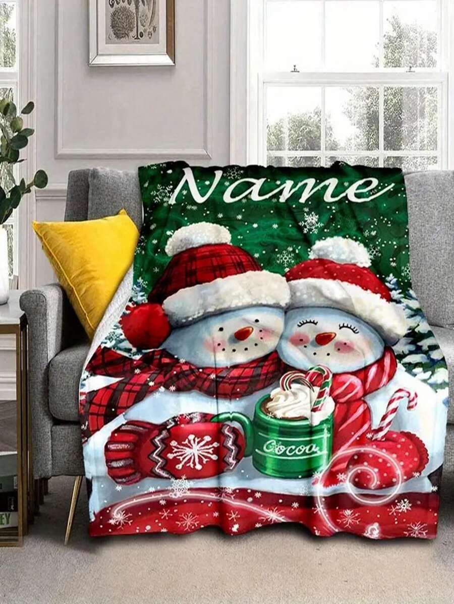 1pc Personalized Christmas Snowman Fleece Blanket With Name - Soft, Warm Polyester Throw Blanket, Suitable For Comfortable Napping And Travel - Perfect Holiday Gift For Family And Friends