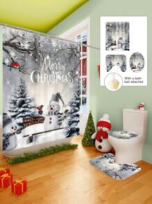 1/2/3/4 Pieces Christmas Collection Shower Curtain, Cute Snowman Woven Shower Curtain, Bathroom Non-Slip Mat, Toilet U-Mat, Toilet Lid Cover Mat, Bathroom Complete Set, Modern Waterproof Bathroom Decoration, Comes With 12 Hooks And A Shower Ball, Multiple Sizes Available Back To School