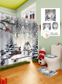 1/2/3/4 Pieces Christmas Collection Shower Curtain, Cute Snowman Woven Shower Curtain, Bathroom Non-Slip Mat, Toilet U-Mat, Toilet Lid Cover Mat, Bathroom Complete Set, Modern Waterproof Bathroom Decoration, Comes With 12 Hooks And A Shower Ball, Multiple Sizes Available Back To School