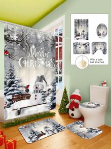 1/2/3/4 Pieces Christmas Collection Shower Curtain, Cute Snowman Woven Shower Curtain, Bathroom Non-Slip Mat, Toilet U-Mat, Toilet Lid Cover Mat, Bathroom Complete Set, Modern Waterproof Bathroom Decoration, Comes With 12 Hooks And A Shower Ball, Multiple Sizes Available Back To School