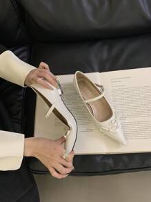 White Flat Shoes For Women With Silver Decorative Buckle, Bow Accent Valentines