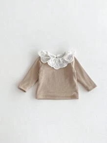 1 件装女婴花卉镂空罗纹长袖 T 恤，带保暖内衬，秋冬款 - 卡其色 - 查看 4