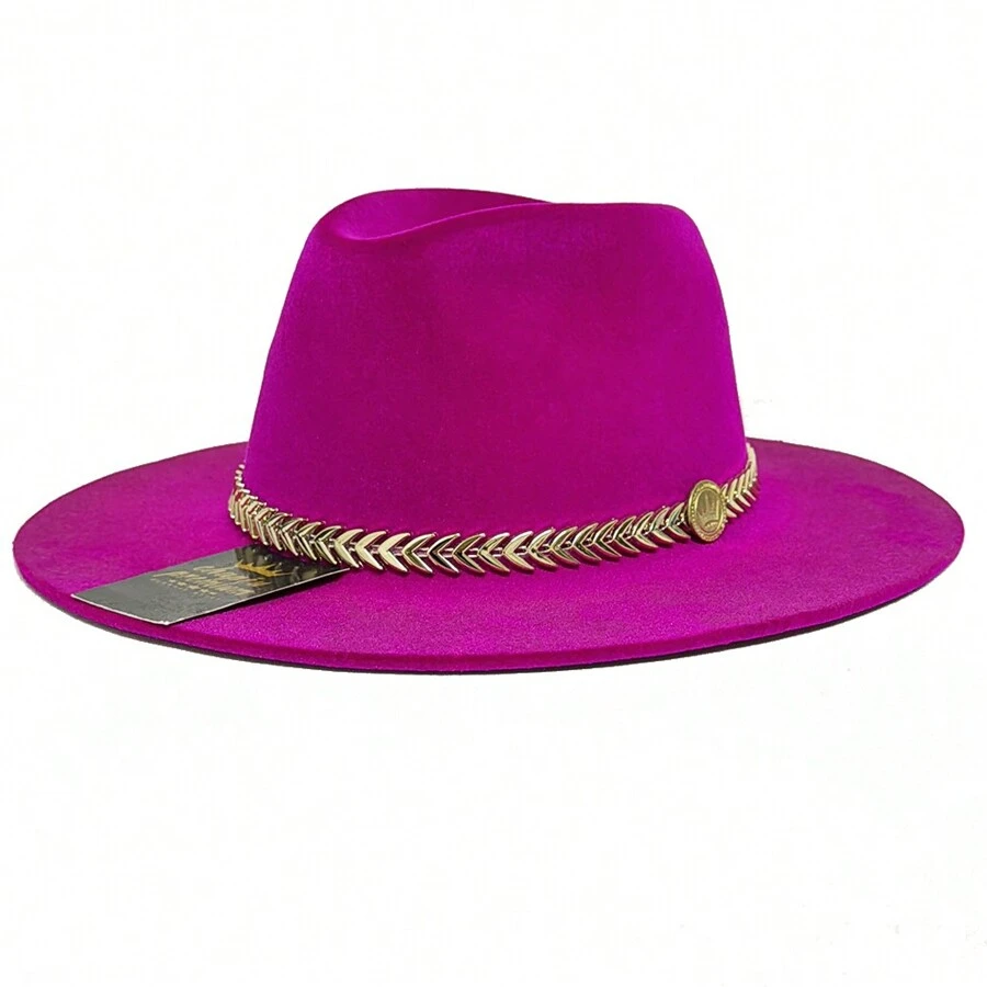Fedora Hat Country Bandinha Shine Golden Unisex Medium Brim Top Premium Rodeo Show Style - Rose Red - View 1