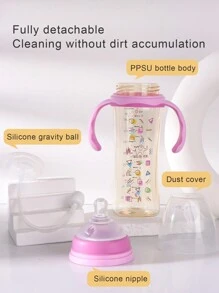 1pc 270ml Geometric Pattern PPSU Baby Bottle With Silicone Nipple, Anti-Drop Material With Handle For Self-Feeding