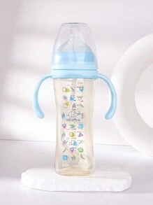 1pc 270ml Geometric Pattern PPSU Baby Bottle With Silicone Nipple, Anti-Drop Material With Handle For Self-Feeding