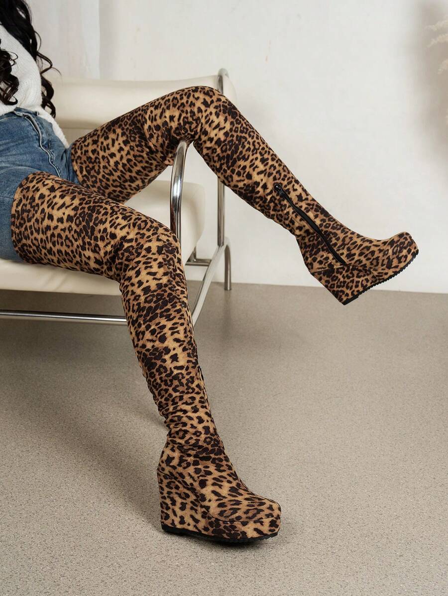 女式复古豹纹坡跟过膝靴，新款时尚过膝长靴，大码女士性感靴 - 彩色 - 查看 1