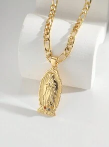 1件时尚椭圆形亮面彩色锆石圣母玛利亚镀金吊坠项链，情人节送给女性的礼物 - 金色 - 查看 7