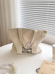 Book Pattern With The Letter 'weekend' Minimalist Shopper Bag Beige Casual,School Bag,Book Bag,Large Capacity,Portable,For Teen Girls Women College Students,White-Collar Workers,Perfect For Work,Back To School,Middle School,High School,College,Vacation ﻿,Teacher's Day Gift