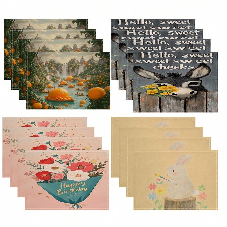 4 件花卉、兔子、驴子 3D 图案布餐垫 - 彩色 - 查看 1