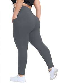1 件女式加大码高腰保暖瑜伽裤，带口袋，及踝长，纯色，适合健身、休闲和日常穿着，秋冬季 - 深灰色 - 查看 3