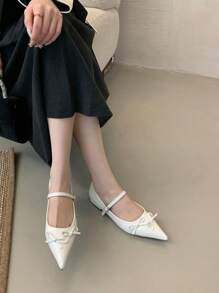 White Flat Shoes For Women With Silver Decorative Buckle, Bow Accent Valentines