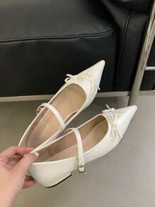 White Flat Shoes For Women With Silver Decorative Buckle, Bow Accent Valentines