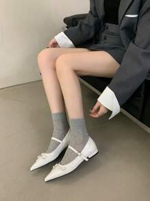 White Flat Shoes For Women With Silver Decorative Buckle, Bow Accent Valentines