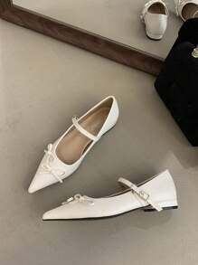 White Flat Shoes For Women With Silver Decorative Buckle, Bow Accent Valentines