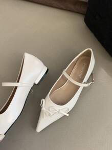 White Flat Shoes For Women With Silver Decorative Buckle, Bow Accent Valentines