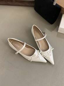 White Flat Shoes For Women With Silver Decorative Buckle, Bow Accent Valentines